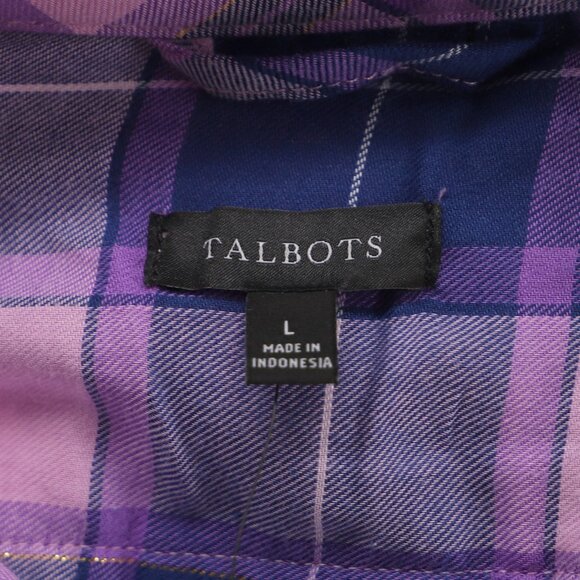 NWT TALBOTS Metallic Flannel Modern Classic Shirt Frost Bloom Purple Plaid Sz L - Picture 7 of 9
